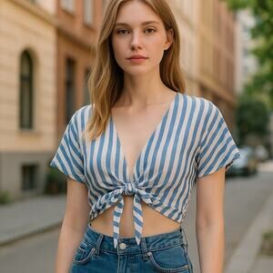 Shein Womens Blue White Striped Short‎ Sleeve Tie Front Nautical Coastal Top XS